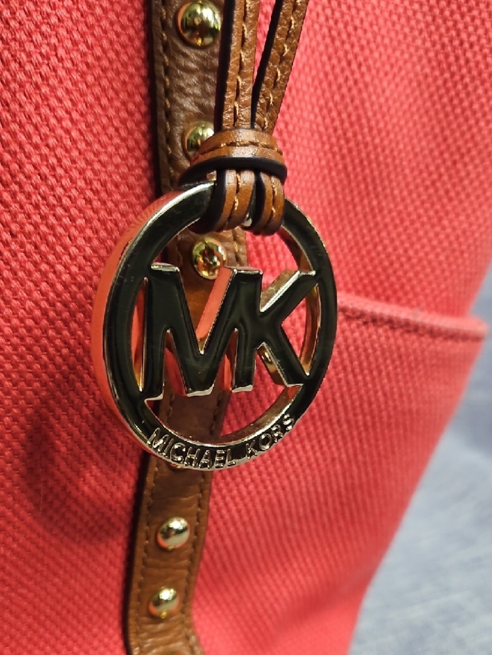 Michael Kors Coral Canvas Tote with Tan Leather Trim and MK Charm - Picture 14 of 15